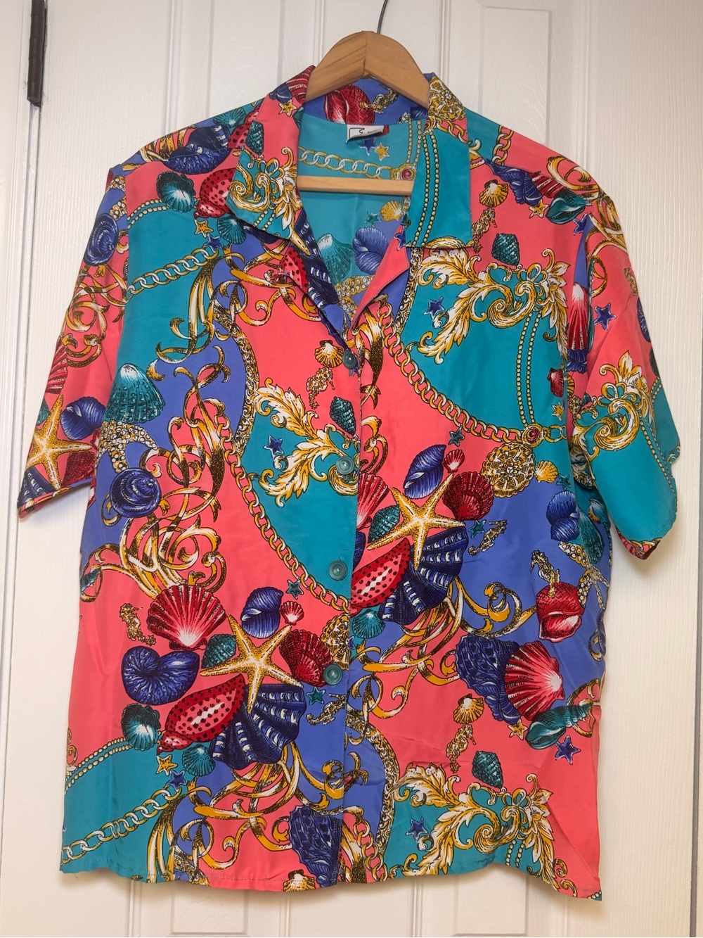 Vintage 90s Eva Baroque Shell Chain Print Blouse Medium Coastal Resort Button Up
